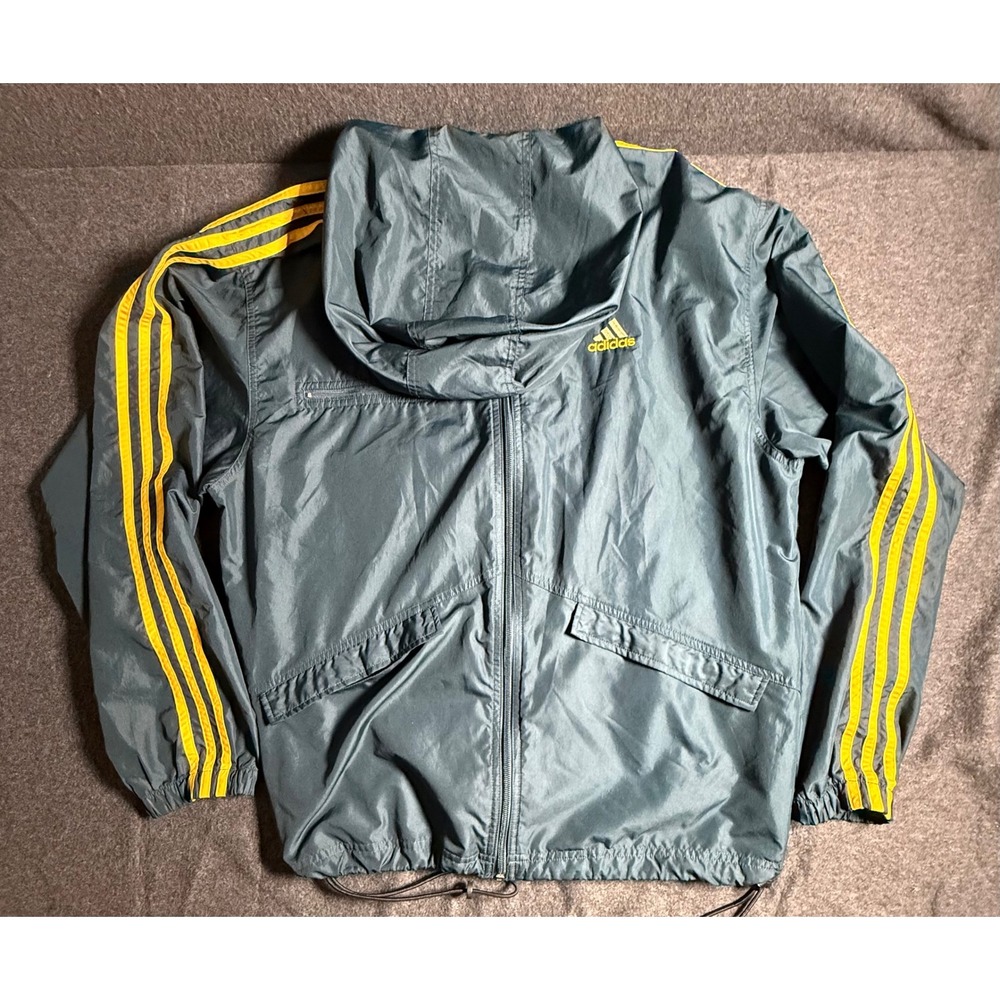 Adidas ClimaLite Full Zip Windbreaker Jacket Blue Yellow Stripe Hooded Mens M